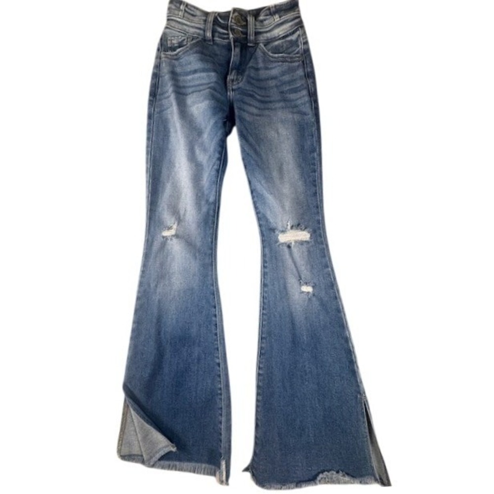 KanCan Jeans Women 22 Kurvy Mid Rise Flare Distressed Raw Hem Side Slit Denim